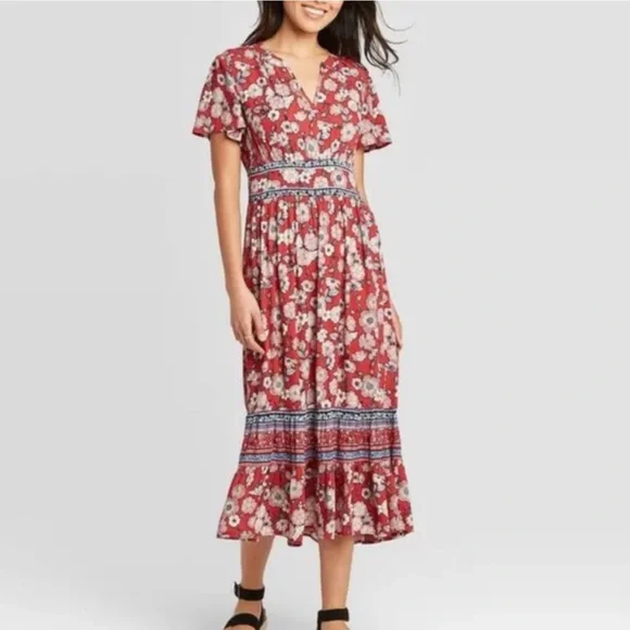Knox Rose Red Floral Boho Midi Dress Size L | V-Neck Tiered Cottagecore - Picture 3 of 13